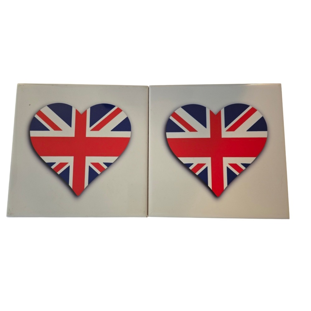Union Jack Heart Ceramic Decorative Tiles Set of 2 British Flag Coasters 6x6